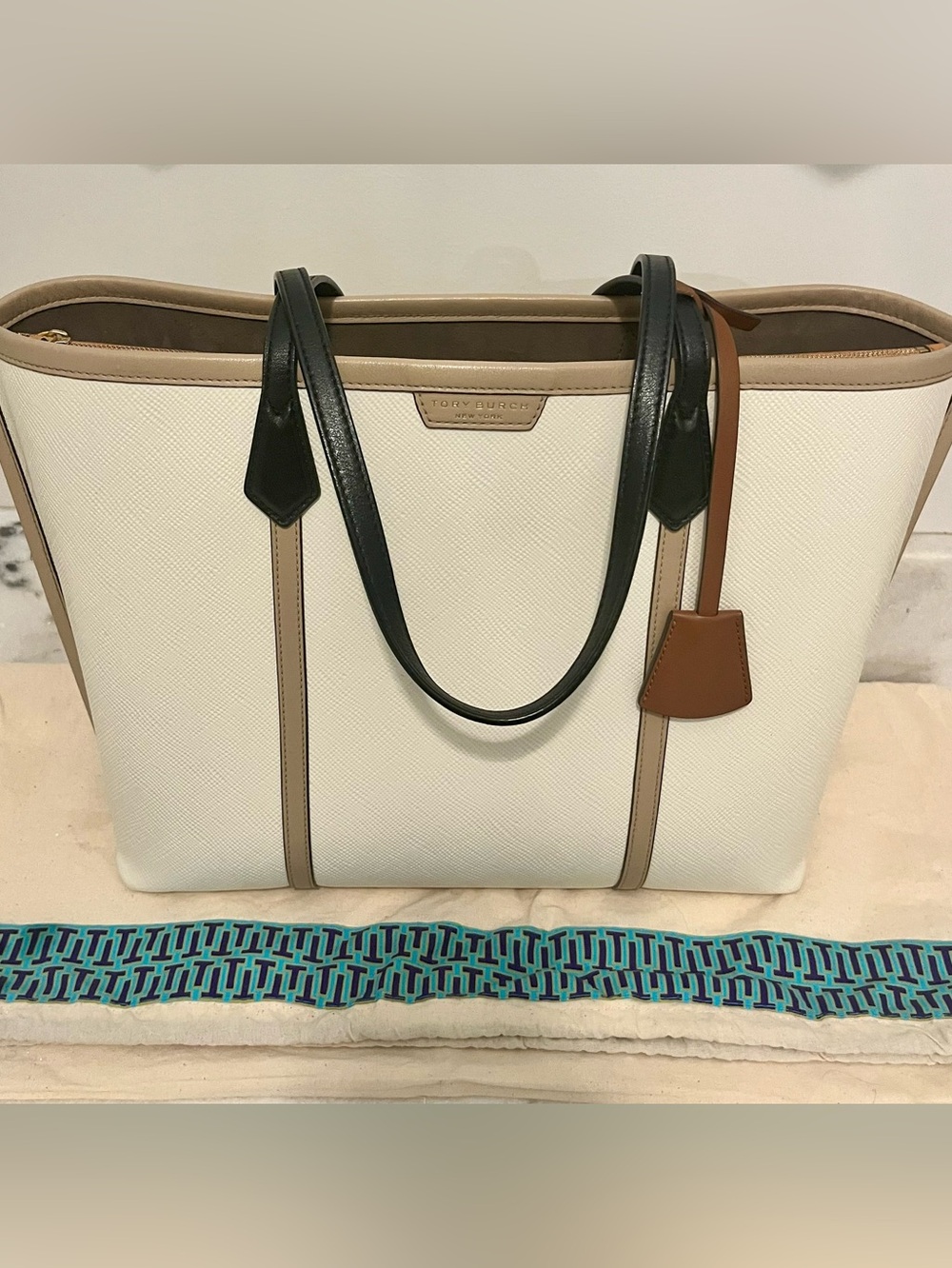 Tory Burch Cream Tote with Black Handles and Brown Trim